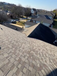 Close-up of CertainTeed Landmark shingles in Weathered Wood installed by Knox’s Construction