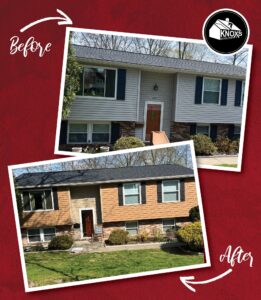 New siding installation featuring Perfection siding and Pebblestone Clay Dutch Lap siding by Knox’s Construction in Bethel Park, PA.