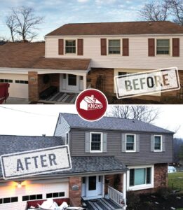 Before and After: Updated home exterior with Montana Suede siding, Pebblestone Clay shutters, and Weathered Wood CertainTeed Pro Shingles.